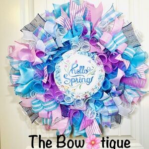 Handmade Hello Spring Prelit Ribbon Wreath 22 in LED W3